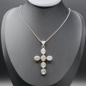 Sterling Silver & Blue Labradorite Cabochon Large Cross Pendant Necklace 20" L